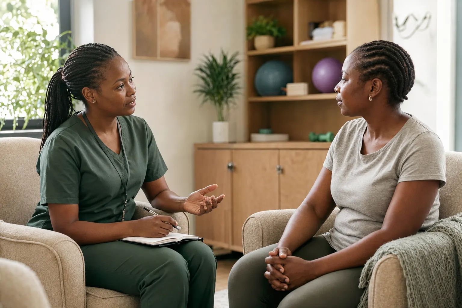 Therapist speaking compassionately with a client at the rehabilitation centre
